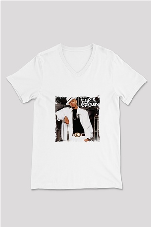 Chris Brown Baskılı Beyaz V Yaka Unisex Tişört