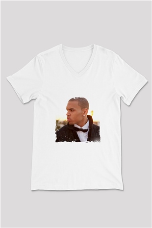 Chris Brown Baskılı Beyaz V Yaka Unisex Tişört