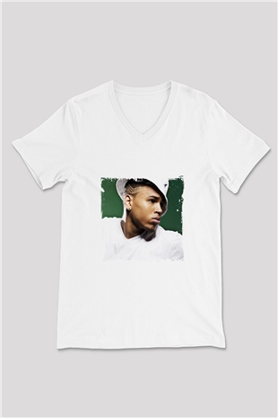 Chris Brown Baskılı Beyaz V Yaka Unisex Tişört