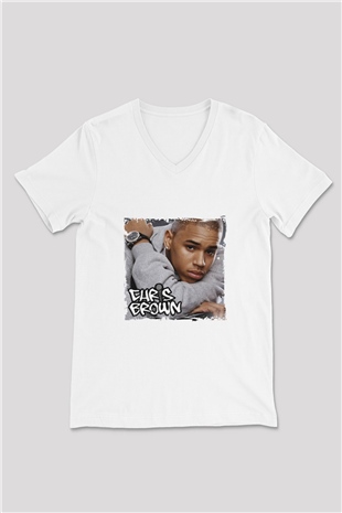 Chris Brown Baskılı Beyaz V Yaka Unisex Tişört