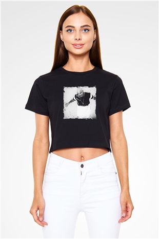 Chris Brown Baskılı Crop Top Siyah Kadın Tişört