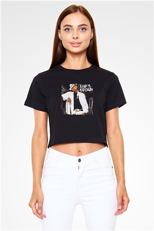 Chris Brown Baskılı Crop Top Siyah Kadın Tişört