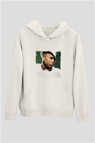 Chris Brown Baskılı Unisex Beyaz Kapüşonlu Sweatshirt
