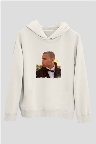 Chris Brown Baskılı Unisex Beyaz Kapüşonlu Sweatshirt