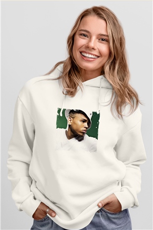 Chris Brown Baskılı Unisex Beyaz Kapüşonlu Sweatshirt