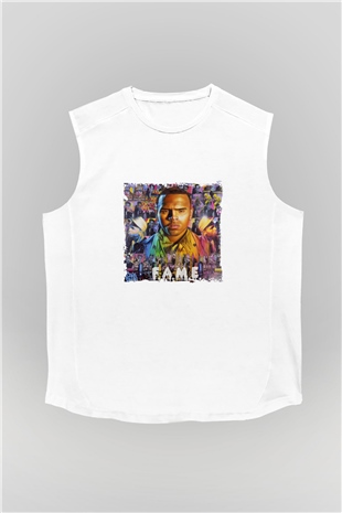 Chris Brown Baskılı Unisex Beyaz Kolsuz Tişört