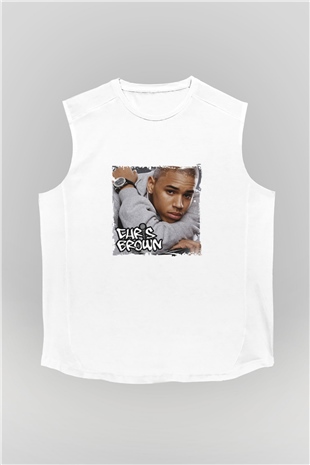 Chris Brown Baskılı Unisex Beyaz Kolsuz Tişört