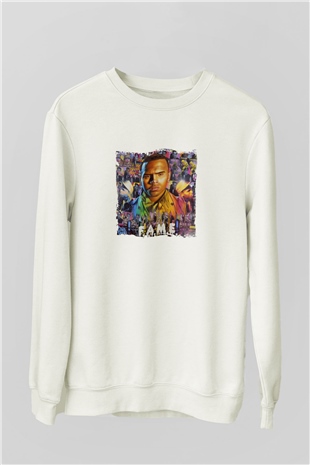 Chris Brown Baskılı Unisex Beyaz Sweatshirt