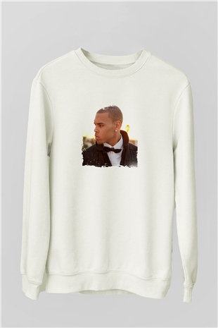 Chris Brown Baskılı Unisex Beyaz Sweatshirt