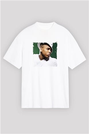 Chris Brown Baskılı Oversize Beyaz Tişört