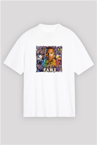 Chris Brown Baskılı Oversize Beyaz Tişört