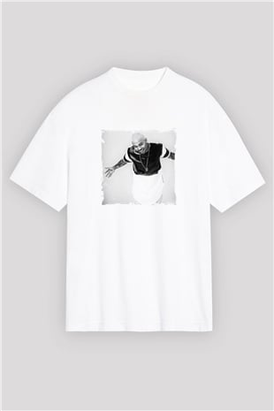Chris Brown Baskılı Oversize Beyaz Tişört