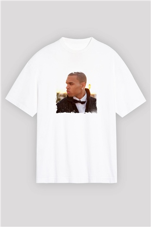 Chris Brown Baskılı Oversize Beyaz Tişört
