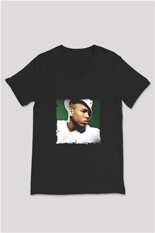 Chris Brown Baskılı Unisex Siyah V Yaka Tişört