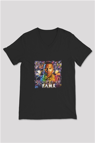 Chris Brown Baskılı Unisex Siyah V Yaka Tişört