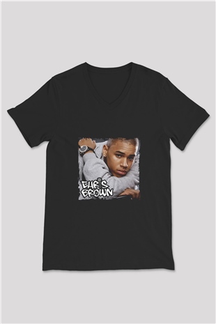 Chris Brown Baskılı Unisex Siyah V Yaka Tişört