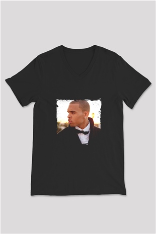 Chris Brown Baskılı Unisex Siyah V Yaka Tişört