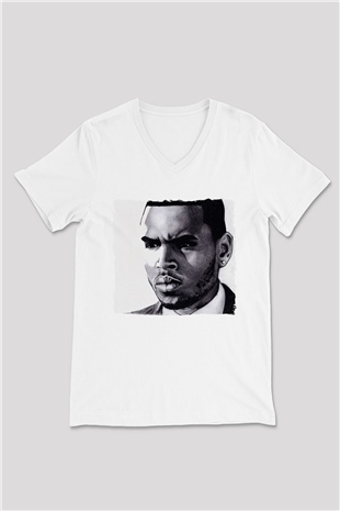 Chris Brown Beyaz Unisex V Yaka Tişört