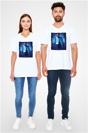 Chris Brown Beyaz Unisex V Yaka Tişört