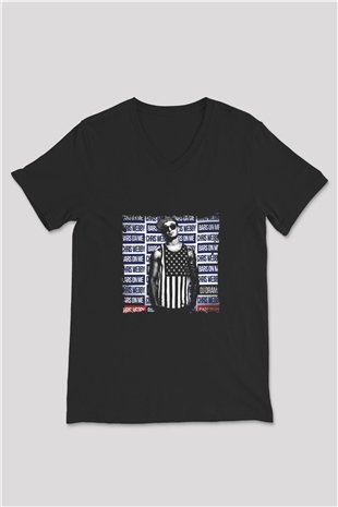 Chris Webby Baskılı Unisex Siyah V Yaka Tişört