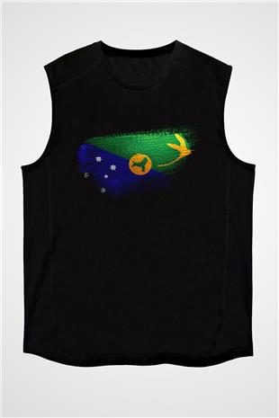 Christmas Adası - Christmas İsland Bayrağı Baskılı Unisex Siyah Kolsuz Tişört