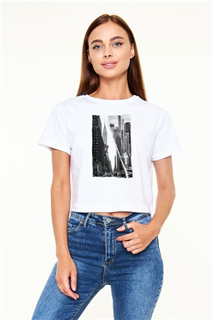Chrysler Binası Beyaz  Crop Top Tişört