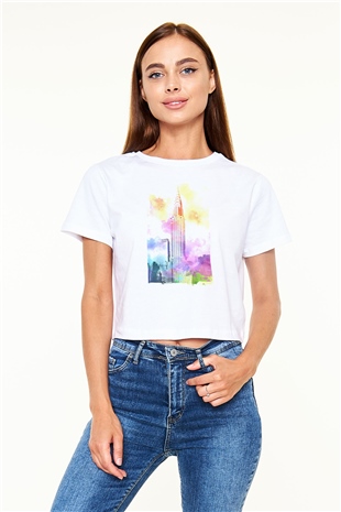 Chrysler Binası Beyaz  Crop Top Tişört