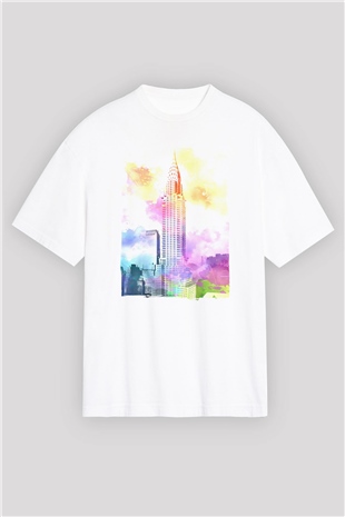 Chrysler Binası Beyaz Oversize Tişört Oversize T-shirt - TişörtFabrikası