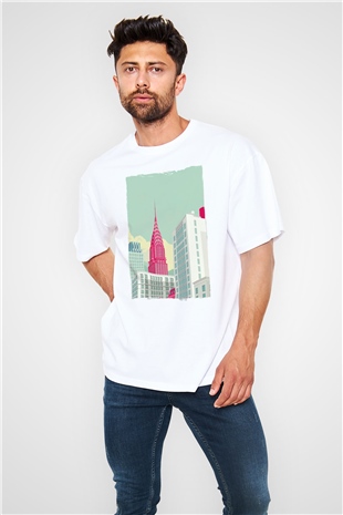 Chrysler Binası Beyaz Oversize Tişört Oversize T-shirt - TişörtFabrikası