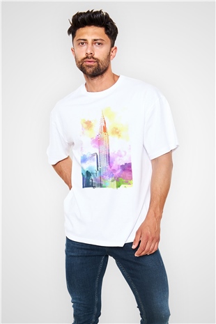 Chrysler Binası Beyaz Oversize Tişört Oversize T-shirt - TişörtFabrikası
