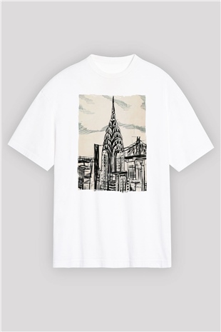 Chrysler Binası Beyaz Oversize Tişört Oversize T-shirt - TişörtFabrikası
