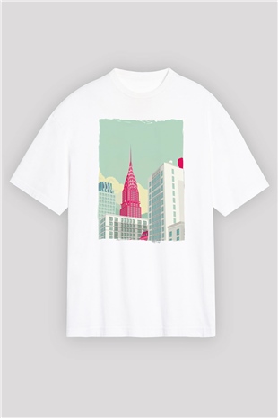 Chrysler Binası Beyaz Oversize Tişört Oversize T-shirt - TişörtFabrikası