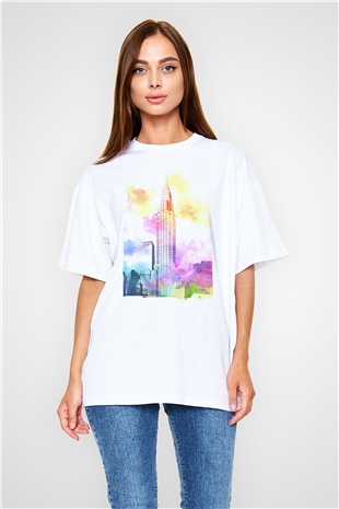 Chrysler Binası Beyaz Oversize Tişört Oversize T-shirt - TişörtFabrikası