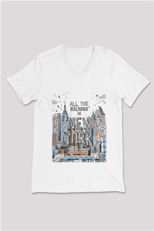 Chrysler Binası Beyaz Unisex V Yaka Tişört T-Shirt