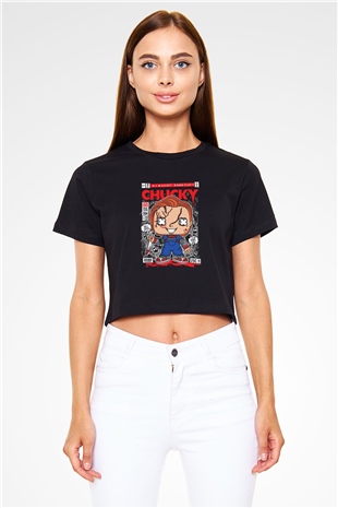 Chucky Baskılı  Siyah  Crop Top Tişört