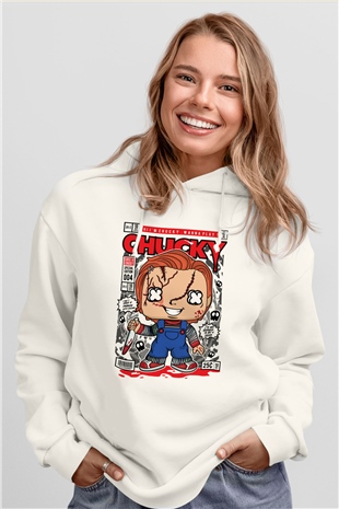 Chucky Baskılı Unisex Beyaz Hoodie