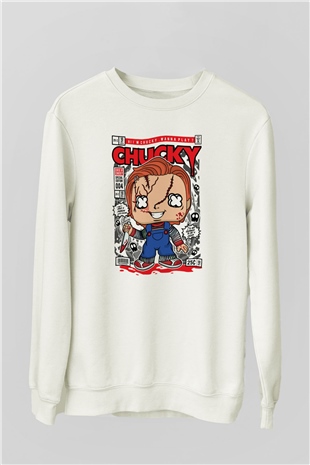 Chucky Baskılı Unisex Beyaz Sweatshirt