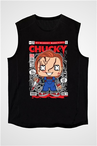 Chucky Baskılı Unisex Siyah Kolsuz Tişört