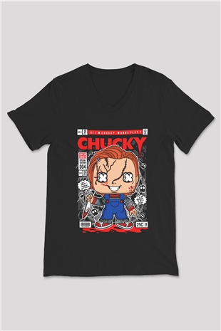 Chucky Baskılı Unisex Siyah V Yaka Tişört