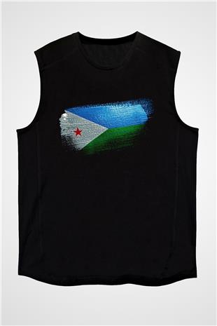 Cibuti - Djibouti Bayrağı Baskılı Unisex Siyah Kolsuz Tişört