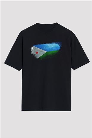 Cibuti - Djibouti Bayrağı Baskılı Unisex Siyah Oversize Tişört
