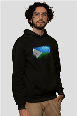 Cibuti - Djibouti Bayrağı Baskılı Unisex Siyah Hoodie