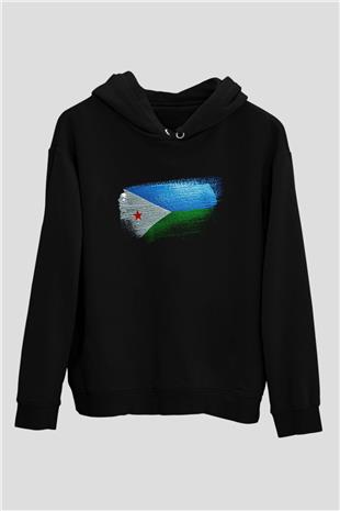 Cibuti - Djibouti Bayrağı Baskılı Unisex Siyah Hoodie