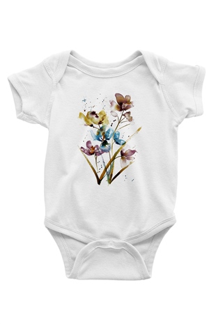 Çiçek Baskılı Beyaz Unisex Bebek Body - Zıbın