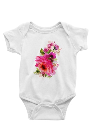 Çiçek Baskılı Beyaz Unisex Bebek Body - Zıbın