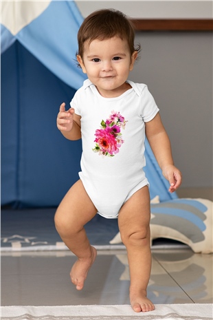 Çiçek Baskılı Beyaz Unisex Bebek Body - Zıbın