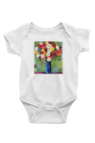 Çiçek Baskılı Beyaz Unisex Bebek Body - Zıbın