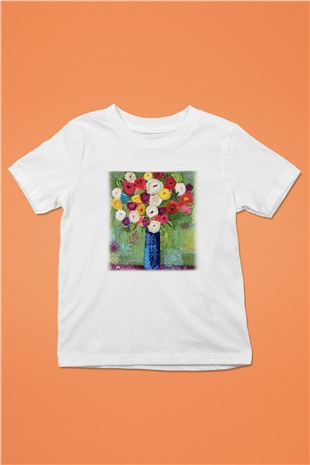 Çiçek Baskılı Beyaz Unisex Çocuk Tişört