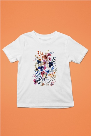 Çiçek Baskılı Beyaz Unisex Çocuk Tişört