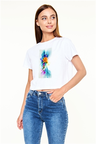 Çiçek Beyaz  Crop Top Tişört